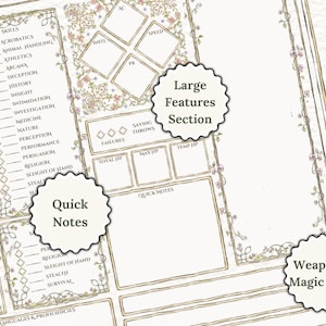 May include: A printable Dungeons and Dragons character sheet with a floral border. The sheet includes sections for class, skills, saving throws, hit points, quick notes, and weapon/magic slots.