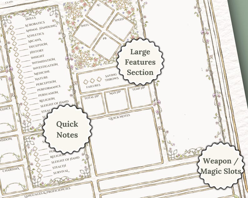 May include: A printable Dungeons and Dragons character sheet with a floral border. The sheet includes sections for class, skills, saving throws, hit points, quick notes, and weapon/magic slots.