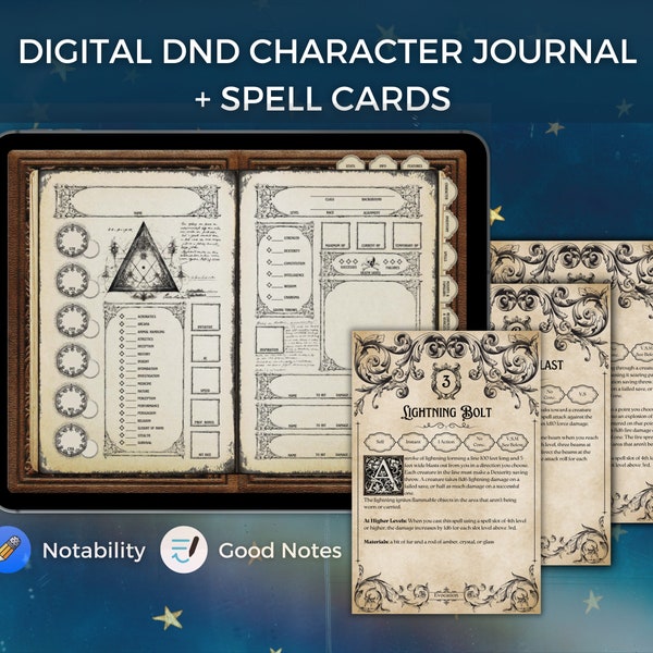 Digitaal DnD-dagboek + spreukkaarten | Goede noten | DnD-tekenblad Dungeons and Dragons-tekenblad DnD Shop DnD 5e tekenblad PDF