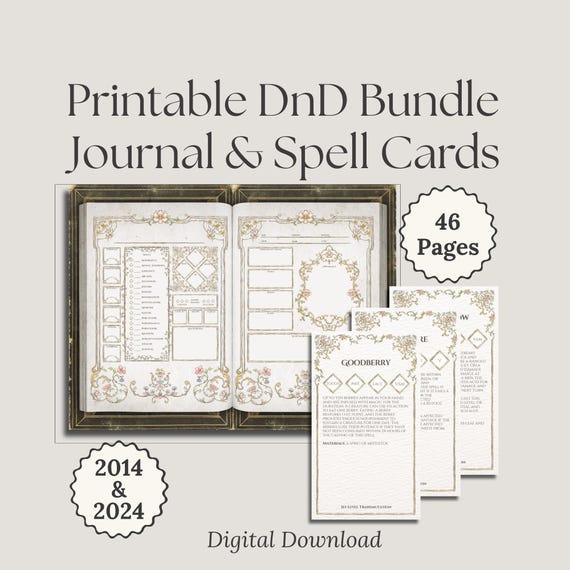 Printable DnD Character Journal + DnD 2024 2014 Spell Card Bundle | Dungeons and Dragons DnD Character Sheet | DnD Campaign Journal
