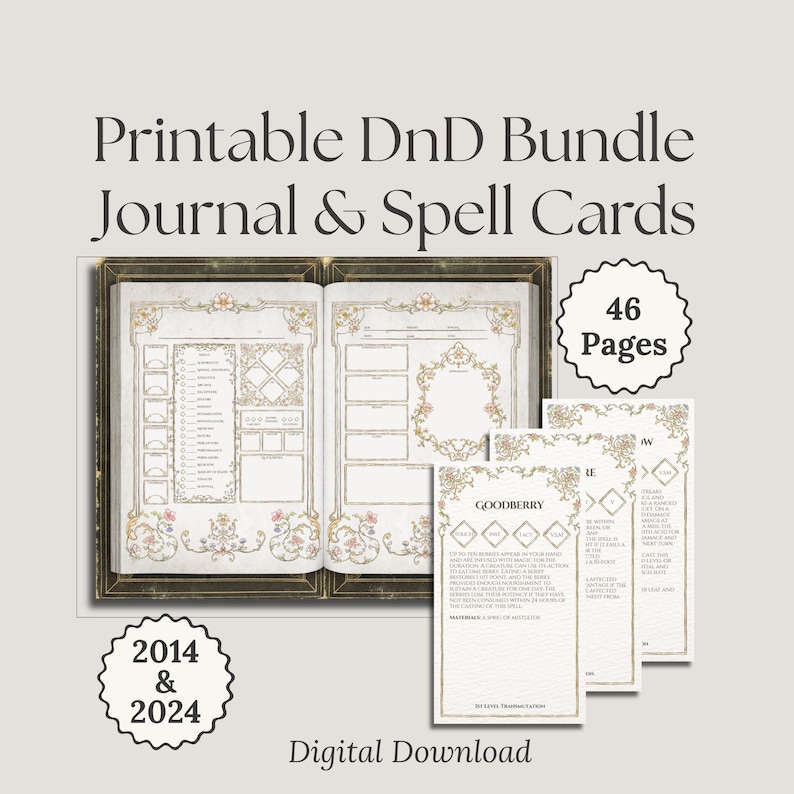 Diario del personaggio DnD stampabile + Pacchetto carte incantesimi DnD 2024 2014 / Scheda del personaggio DnD di Dungeons and Dragons / Diario della campagna DnD immagine 1