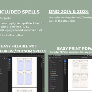 Pu&ograve; includere: Uno screenshot di uno schermo di computer che mostra due finestre aperte. La finestra di sinistra mostra un elenco di file PDF, tra cui "All Spells", "Easy Fill PDF", "Custom Spells" e "Print PDF". La finestra di destra mostra un'anteprima di un documento PDF con un bordo decorativo e uno spazio vuoto per il testo. Il testo sullo schermo dice "INCLUDED SPELLS", "DND 2014 & 2024", "EASY FILLABLE PDF HOMEBREW/CUTSOM SPELLS", e "EASY PRINT PDFS Includes PDFs for each class for easy print out".
