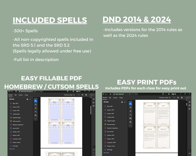 Pu&ograve; includere: Uno screenshot di uno schermo di computer che mostra due finestre aperte. La finestra di sinistra mostra un elenco di file PDF, tra cui "All Spells", "Easy Fill PDF", "Custom Spells" e "Print PDF". La finestra di destra mostra un'anteprima di un documento PDF con un bordo decorativo e uno spazio vuoto per il testo. Il testo sullo schermo dice "INCLUDED SPELLS", "DND 2014 & 2024", "EASY FILLABLE PDF HOMEBREW/CUTSOM SPELLS", e "EASY PRINT PDFS Includes PDFs for each class for easy print out".