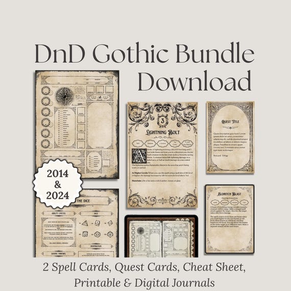 DnD Gothic Bundle for DnD 2024 & 2014 |  DnD Character Sheet | Digital DnD Journal | DnD Cheat Sheet | DnD Spell Cards