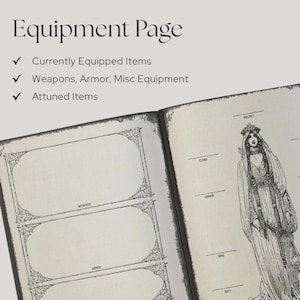 Puede incluir: Un cuaderno abierto Equipment Page con el texto Equipment Page, Currently Equipped Items, Weapons, Armor, Misc Equipment y Attuned Items. La p&aacute;gina incluye marcos rectangulares ornamentados y una ilustraci&oacute;n en blanco y negro de una figura.