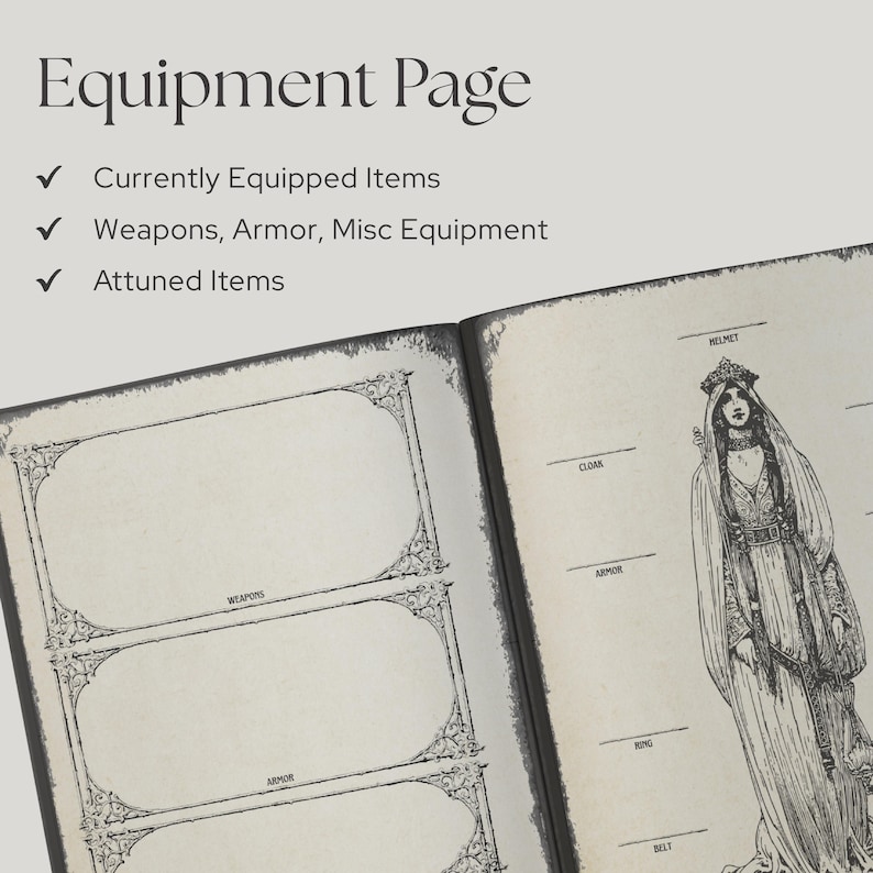 Puede incluir: Un cuaderno abierto Equipment Page con el texto Equipment Page, Currently Equipped Items, Weapons, Armor, Misc Equipment y Attuned Items. La p&aacute;gina incluye marcos rectangulares ornamentados y una ilustraci&oacute;n en blanco y negro de una figura.
