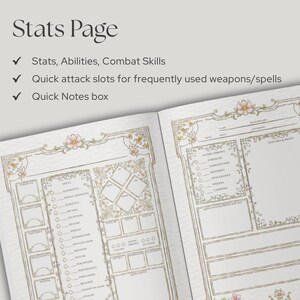 May include: A two-page paper stats sheet for a role-playing game featuring floral borders. Text includes Stats Page, Stats, Abilities, Combat Skills, Quick attack slots for frequently used weapons/spells, and Quick Notes box.