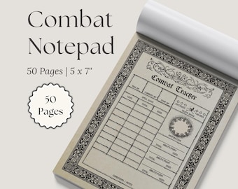 May include: A beige combat notepad measuring 5 by 7 inches with 50 pages. The top sheet features a black printed grid titled Combat Tracker with sections for HP, spell slots, death saves, and inspiration, all framed by a decorative border.