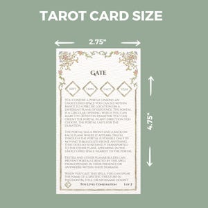 May include: A tarot card with a green background and ornate gold trim. The card is titled "Gate" and features a description of the spell, which is a 9th level conjuration. The card measures 2.75 inches by 4.75 inches.