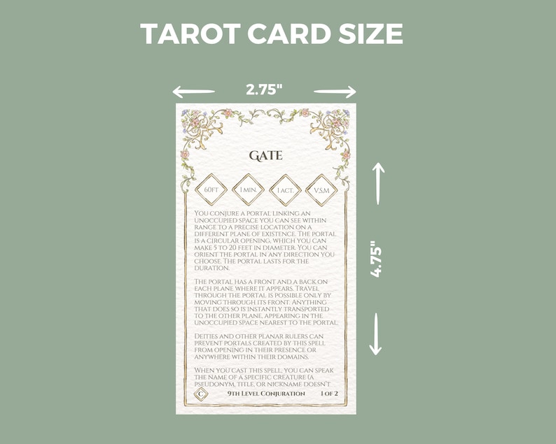 May include: A tarot card with a green background and ornate gold trim. The card is titled "Gate" and features a description of the spell, which is a 9th level conjuration. The card measures 2.75 inches by 4.75 inches.