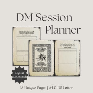 Pode incluir: Um planejador de sessão DM digital com 13 páginas exclusivas, tamanho A4 e US Letter. O planejador apresenta um design vintage com uma ilustração de dragão e o texto "DM Session Planner". Inclui um selo "Download Digital".