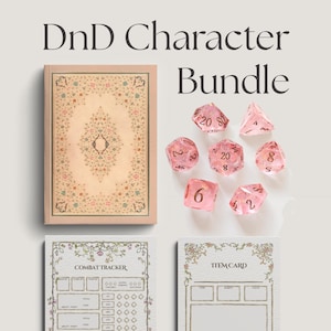 May include: A DnD Character Bundle featuring a light pink notebook with a floral border, seven translucent pink polyhedral dice with gold numbering, and two printed cards labeled Combat Tracker and Item Card with floral vine illustrations.