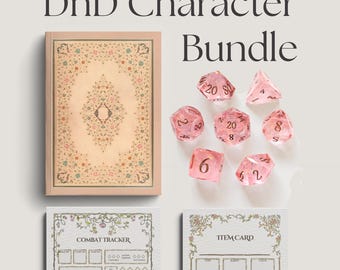 May include: A DnD Character Bundle featuring a light pink notebook with a floral border, seven translucent pink polyhedral dice with gold numbering, and two printed cards labeled Combat Tracker and Item Card with floral vine illustrations.