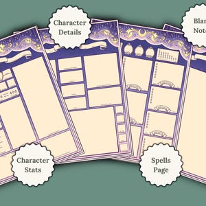 May include: Printable character sheets for role-playing games with a celestial theme. The sheets feature a purple and cream color scheme with a crescent moon and stars design. The sheets include sections for character details, stats, spells, and blank notes.