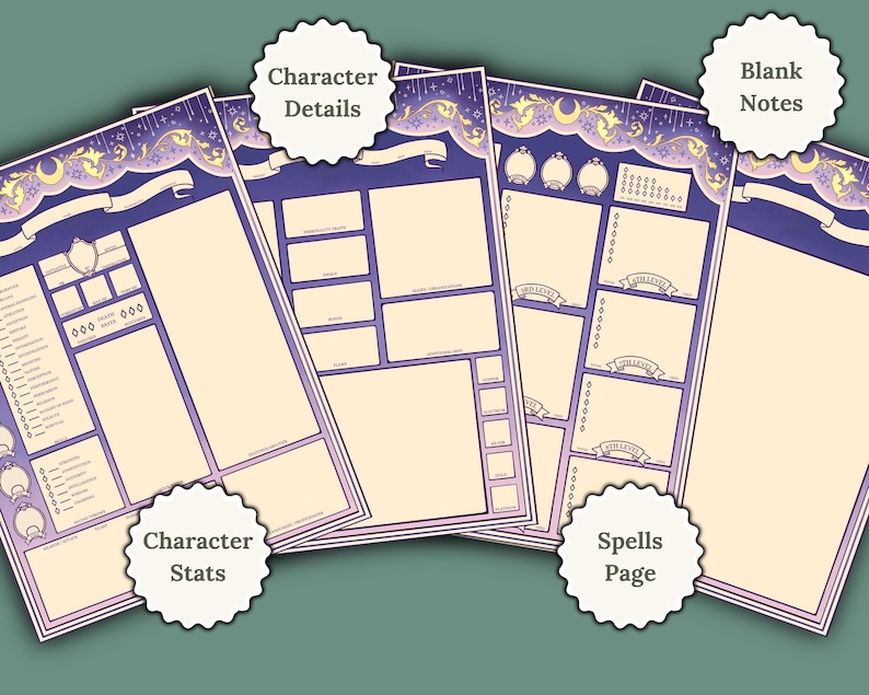 May include: Printable character sheets for role-playing games with a celestial theme. The sheets feature a purple and cream color scheme with a crescent moon and stars design. The sheets include sections for character details, stats, spells, and blank notes.