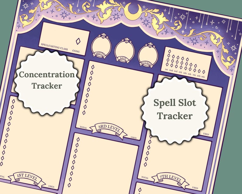 May include: A printable Dungeons and Dragons character sheet with a purple and gold design. The sheet includes sections for spellcasting class, concentration tracker, and spell slot tracker.