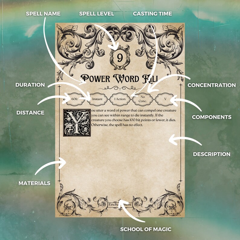 Dnd Wizard Spell Cards Printable 5E Dungeons &amp; Dragons Spell Book Blank ...