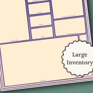 May include: A printable character sheet with sections for personality traits, ideals, bonds, flaws, backstory, allies and organizations, additional info, and a large inventory section.