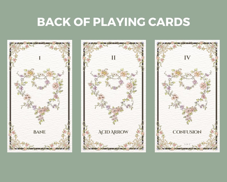 May include: Three playing cards with ornate floral borders and a heart-shaped design in the center. The cards are labeled I, II, and IV, and the names "Bane", "Acid Arrow", and "Confusion" are printed below the designs.