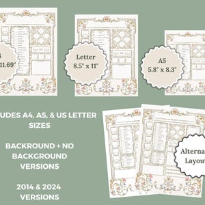 May include: Printable character sheet for role-playing games, featuring a floral design. Includes three sizes: 8.27 x 11.69 inches (A4), 8.5 x 11 inches (Letter), and 5.8 x 8.3 inches (A5).  Includes background and no background versions, as well as 2014 and 2024 versions.