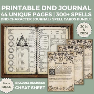Afdrukbaar DnD-dagboek + DnD-spreukkaarten 2024 en 2014 |  DnD-personageblad voor Dungeons and Dragons | DnD-campagnedagboek