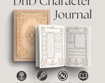 May include: A DnD Character Journal with a peach-colored cover featuring a floral border and an open interior showing character sheet pages with intricate decorative frames. Four circular icons below indicate floral design, full color artwork, human made no AI, and 90 full color pages.
