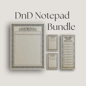 May include: A DnD Notepad Bundle with a large notepad and three smaller notepads. The large notepad has a grid pattern and decorative border. The smaller notepads include an item cart and initiative tracker. The text "DnD Notepad Bundle" is at the top.