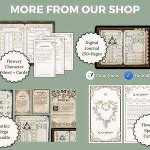 May include: A digital journal with over 250 pages, a flowery character sheet and cards, a gothic mega bundle, and flowery spell cards. The journal is open to show the pages, which are decorated with a floral design. The character sheet and cards are also decorated with a floral design. The gothic mega bundle is a collection of printable pages with a gothic design. The flowery spell cards are decorated with a floral design and have the text "Acid Arrow" and "11" on them.
