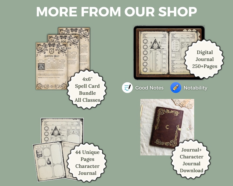 May include: A digital journal with 250+ pages, a character journal with 44 unique pages, and a set of 4x6 inch spell cards for Dungeons and Dragons. The digital journal is compatible with Good Notes and Notability apps.