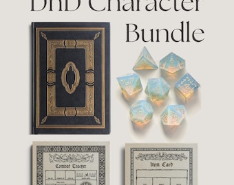 Puede incluir: Un paquete de personaje de DnD que incluye un libro negro con filigrana dorada, siete dados poliédricos azul claro translúcidos con números dorados y dos hojas de papel impresas etiquetadas como Combat Tracker e Item Card con bordes negros.