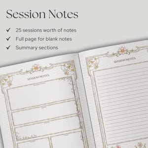 May include: An open notebook with cream-colored pages featuring floral borders and the text Session Notes. The left page includes sections for Notable Events, Quests, Places, People, and Items. The right page contains lined paper for notes.