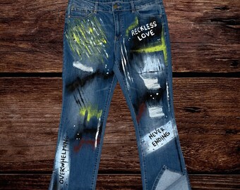 Reckless Love Hand Painted Jeans Denim Upcycled - Womens 10