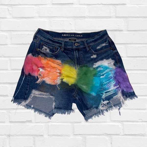 Cut-off Denim Shorts Bleach dyed Painted Rainbow Distressed Womens 6