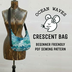 Bolso en forma de media luna con estampado de olas del océano: patrón de costura en PDF para principiantes.