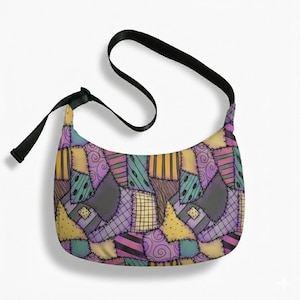 May include: A colorful shoulder bag with a patchwork design. The bag features a black strap and a curved shape. The patchwork pattern includes various colors like purple, yellow, green, and black, with stitched details and swirling patterns.