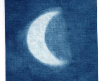 Crescent Moon Shibori on Cotton, Natural Indigo, Itajime Technique (6" x 6")