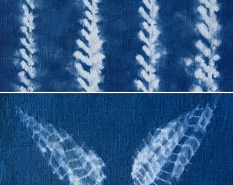 Hand-Stitched Shibori Leaves or Vines, Hand-Dyed with Natural Indigo on Organic Linen (~ 8" x 8")