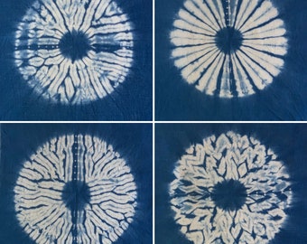 Hand-Stitched Shibori Mandala / Flower, Hand-Dyed with Natural Indigo on Organic Linen (~ 10" x 10")
