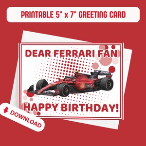 DIGITALE Ferrari Formula Uno Digitale "Caro tifoso Ferrari, buon compleanno!" Biglietto d'auguri stampabile da 5" x 7".