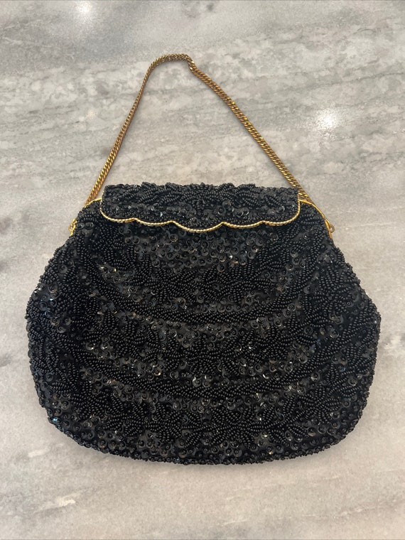 60s Women's Handbag by La Regale Hong Kong Vintage Fully Beaded Black Satin Clutch Purse VFG