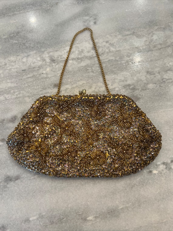 Vintage Walborg Richere Bag Beaded Gold Satin Clut