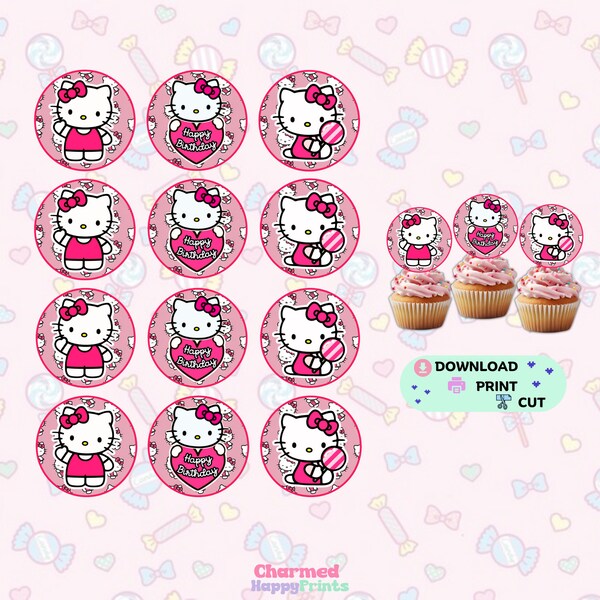 Kitty Cupcake Topper Kitty afdrukbare Cupcake Toppers Kawaii karakters Cupcake Toppers Kitty digitale Cupcake Toppers Cupcake Kitty Topper