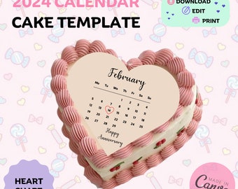 Calendar Cake Template Calendar Cake Topper Calendar on Cake Trending 2024 Cake Calendar for Heart Cake Editable Canva Cake Topper