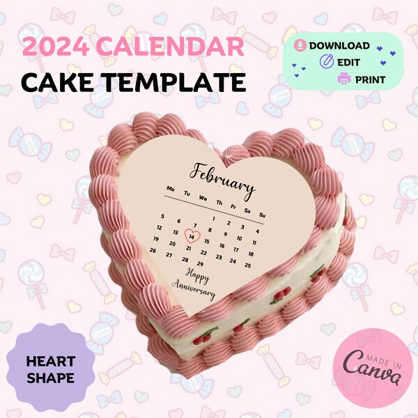 Calendar Cake Template Calendar Cake Topper Calendar on Cake Trending 2024 Cake Calendar for Heart Cake Editable Canva Cake Topper