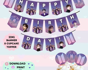 Banner de cumpleaños imprimible de BTS Decoración de cumpleaños de Kpop imprimible Banner de fiesta de cumpleaños y toppers de cupcakes Decoraciones de fiesta imprimibles de BTS