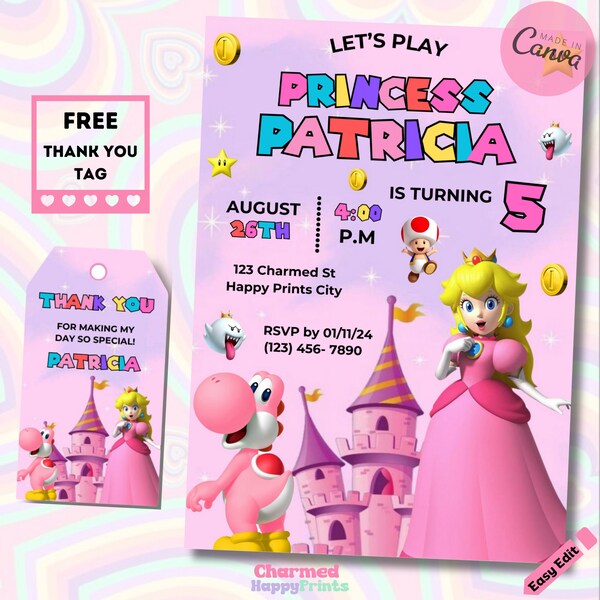Princess Peach Invitation Super Mario Princess Birthday Invitel Instant Download Peach Party Invitation Canva Birthday Invitation Template
