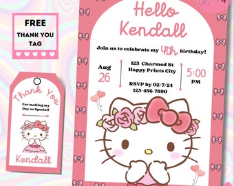 Editable Kitty Birthday Party Invitation Cute Kawaii Hello Birthday Kitty Party Invite Sanr-o Birthday Digital Canva Template Invite