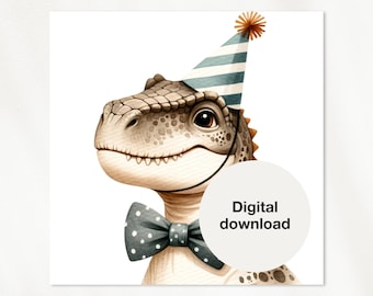 Printable Birthday Card | Greeting Card | Congratulations card | Dinosaur with Party Hat | Scandinavian | Watercolor | Digital Download