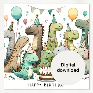 Cartão de aniversário imprimível | cartão comemorativo | Cartão de parabéns | Festa Dinossauro | Escandinavo | Aquarela | Download Digital