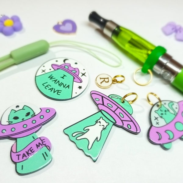 Ufo Cat Custom Vape Charms / Ecig Wristlet Alien Amulets / Design your own Vape / Dab Pen accessories / Cute Keychains for Vaping girl.